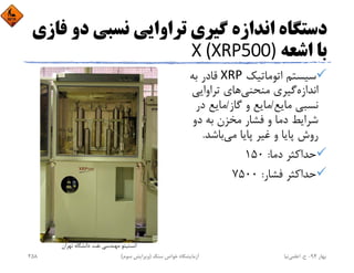 ‫د‬ ‫ﻧﺴﺒﻲ‬ ‫ﺗﺮاواﻳﻲ‬ ‫ﮔﻴﺮي‬ ‫اﻧﺪازه‬ ‫دﺳﺘﮕﺎه‬‫ﻓﺎزي‬ ‫و‬
‫اﺷﻌﻪ‬ ‫ﺑﺎ‬X (XRP500)
‫اﺗﻮﻣﺎﺗﻴﻚ‬ ‫ﺳﻴﺴﺘﻢ‬XRP‫ﺑﻪ‬ ‫ﻗﺎدر‬
‫ﺗﺮاواﻳﻲ‬ ‫ﻫﺎي‬‫ﻣﻨﺤﻨﻲ‬ ‫ﮔﻴﺮي‬‫اﻧﺪازه‬
‫ﻣﺎﻳﻊ‬ ‫ﻧﺴﺒﻲ‬/‫ﮔﺎز‬ ‫و‬ ‫ﻣﺎﻳﻊ‬/‫در‬ ‫ﻣﺎﻳﻊ‬
‫دو‬ ‫ﺑﻪ‬ ‫ﻣﺨﺰن‬ ‫ﻓﺸﺎر‬ ‫و‬ ‫دﻣﺎ‬ ‫ﺷﺮاﻳﻂ‬
‫ﺑﺎﺷﺪ‬‫ﻣﻲ‬ ‫ﭘﺎﻳﺎ‬ ‫ﻏﻴﺮ‬ ‫و‬ ‫ﭘﺎﻳﺎ‬ ‫روش‬.
‫دﻣﺎ‬ ‫ﺣﺪاﻛﺜﺮ‬:150
‫ﻓﺸﺎر‬ ‫ﺣﺪاﻛﺜﺮ‬:7500
‫ﺗﻬﺮان‬ ‫داﻧﺸﮕﺎه‬ ‫ﻧﻔﺖ‬ ‫ﻣﻬﻨﺪﺳﻲ‬ ‫اﻧﺴﺘﻴﺘﻮ‬
‫ﺑﻬﺎر‬94-‫ح‬.‫اﻋﻠﻤﻲ‬‫ﻧﻴﺎ‬‫ﺳﻨﮓ‬ ‫ﺧﻮاص‬ ‫آزﻣﺎﻳﺸﮕﺎه‬)‫ﺳﻮم‬ ‫وﻳﺮاﻳﺶ‬(258
 