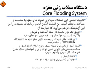 ‫ﻣﻐﺰه‬ ‫زﻧﻲ‬ ‫ﺳﻴﻼب‬ ‫دﺳﺘﮕﺎه‬
Core Flooding System
‫دﺳﺘﮕﺎه‬ ‫اﻳﻦ‬ ‫اﺳﺎﺳﻲ‬ ‫ﻗﺎﺑﻠﻴﺖ‬ ‫ﻧﻤﻮﻧﻪ‬ ‫ﺳﻴﻼﺑﺰﻧﻲ‬‫اﺳﺘ‬ ‫ﺑﺎ‬ ‫ﻣﻐﺰه‬ ‫ﻫﺎي‬‫از‬ ‫ﻔﺎده‬
‫اﺳﺖ‬ ‫ﻣﺨﺘﻠﻒ‬ ‫ﺳﻴﺎﻻت‬.‫ﻣﺘﻌﺪدي‬ ‫آزﻣﺎﻳﺸﺎت‬ ‫اﻧﺠﺎم‬ ‫اﻣﻜﺎن‬ ‫ﻗﺎﺑﻠﻴﺖ‬ ‫اﻳﻦ‬‫در‬ ‫را‬
‫ﻣﻲ‬ ‫ﻓﺮاﻫﻢ‬ ‫آزﻣﺎﻳﺸﮕﺎه‬ ‫اﻳﻦ‬‫از‬ ‫ﻋﺒﺎرﺗﻨﺪ‬ ‫ﻛﻪ‬ ‫آورد‬:
‫ﻣﺎﻳﻌﺎت‬ ‫ﻓﺎزي‬ ‫ﺗﻚ‬ ‫ﺗﺰرﻳﻖ‬)‫ﻏﻴﺮه‬ ‫و‬ ‫ﻧﻔﺖ‬ ،‫آب‬ ‫ﺟﻤﻠﻪ‬ ‫از‬(‫و‬
‫ﮔﺎزﻫﺎ‬ ‫ﻳﺎ‬)‫و‬ ‫ﻣﺘﺎن‬ ،‫ﻫﻮا‬ ،‫ﻧﻴﺘﺮوژن‬( . . .‫ﻧﻤﻮﻧﻪ‬ ‫درون‬ ‫ﺑﻪ‬‫ﻣﻐﺰه‬ ‫ﻫﺎي‬.
‫اﻧﺪازه‬ ‫اﻣﻜﺎن‬ ‫ﻗﺎﺑﻠﻴﺖ‬ ‫اﻳﻦ‬،‫ﻫﺎ‬ ‫ﻧﻤﻮﻧﻪ‬ ‫ﻣﻄﻠﻖ‬ ‫ﺗﺮاواﻳﻲ‬ ‫ﻣﺤﺎﺳﺒﻪ‬ ‫و‬ ‫ﮔﻴﺮي‬Absolute 
Permeability‫ﻣﻲ‬ ‫اﻳﺠﺎد‬ ‫را‬‫ﻧﻤﺎﻳﺪ‬.
‫اﻧﺪازه‬‫اﻧﺪازه‬ ‫اﻣﻜﺎن‬ ‫ﻣﺨﺰن‬ ‫ﺳﻨﮓ‬ ‫ﻧﻤﻮﻧﻪ‬ ‫ﻣﻮﺛﺮ‬ ‫ﺗﺮاواﻳﻲ‬ ‫ﮔﻴﺮي‬‫و‬ ‫ﮔﻴﺮي‬
‫ﻣﻨﺤﻨﻲ‬ ‫ﻣﺤﺎﺳﺒﻪ‬‫ﻧﻤﻮﻧﻪ‬ ‫ﺑﺮاي‬ ‫ﻓﺎزي‬ ‫دو‬ ‫ﻧﺴﺒﻲ‬ ‫ﺗﺮاواﻳﻲ‬ ‫ﻫﺎي‬‫ﻣﺨﺰن‬ ‫ﺳﻨﮓ‬ ‫ﻫﺎي‬
)‫ـﻤﺎﻳﻊ‬ ‫ﻣﺎﻳﻊ‬ ‫ﻳﺎ‬ ‫و‬ ‫ﻣﺎﻳﻊ‬ ‫ﮔﺎزـ‬ ‫ﺣﺎﻟﺖ‬ ‫در‬(
‫و‬ ‫آزﻣﺎﻳﺶ‬ ‫اﻧﺠﺎم‬ ‫ﺑﺎ‬
‫ﻣﺨﺘﻠﻒ‬ ‫اﺷﺒﺎع‬ ‫درﺟﻪ‬ ‫ﭼﻨﺪﻳﻦ‬ ‫ﺑﺮاي‬ ‫آزﻣﺎﻳﺶ‬ ‫ﻣﻜﺮر‬ ‫اﻧﺠﺎم‬.
‫ﺑﻬﺎر‬94-‫ح‬.‫اﻋﻠﻤﻲ‬‫ﻧﻴﺎ‬‫ﺳﻨﮓ‬ ‫ﺧﻮاص‬ ‫آزﻣﺎﻳﺸﮕﺎه‬)‫ﺳﻮم‬ ‫وﻳﺮاﻳﺶ‬(279
 