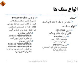 ‫ﻫﺎ‬ ‫ﺳﻨﮓ‬ ‫اﻧﻮاع‬
‫ﺳﻨﮓ‬
‫اﺳﺖ‬ ‫ﻛﺎﻧﻲ‬ ‫ﭼﻨﺪ‬ ‫ﻳﺎ‬ ‫ﻳﻚ‬ ‫از‬ ‫اﺟﺘﻤﺎﻋﻲ‬.
‫ﻫﺎ‬ ‫ﺳﻨﮓ‬ ‫اﻧﻮاع‬
،‫آذرﻳﻦ‬igneous
‫ﻣﺎﮔﻤﺎ‬ ‫و‬ ‫ﻣﺬاب‬ ‫ﻣﻮاد‬ ‫از‬ ‫ﻧﺎﺷﻲ‬
‫دروﻧﻲ‬:intrusive
‫زﻣﻴﻦ‬ ‫داﺧﻞ‬ ‫ﺷﺪن‬ ‫ﺳﺮد‬
‫ﻣﺜﺎل‬:‫ﮔﺎﺑﺮو‬ ،‫ﮔﺮاﻧﻴﺖ‬
‫ﺑﻴﺮوﻧﻲ‬:extrusive
‫آﺗﺸﻔﺸﺎﻧﻲ‬ ‫ﻛﻮه‬ ‫ﺧﺎرج‬ ‫در‬ ‫ﺷﺪن‬ ‫ﺳﺮد‬،
‫ﻣﺜﺎل‬:‫زﻳﻮﻟﻴﺖ‬ ،‫ﺑﺎزاﻟﺖ‬
‫دﮔﺮﮔﻮﻧﻲ‬metamorphic
‫ﺳﻨﮓ‬ ‫ﺷﻜﻞ‬ ‫ﺗﻐﻴﻴﺮ‬ ‫از‬ ‫ﻧﺎﺷﻲ‬‫ﻫﺎي‬
‫ﻓ‬ ‫ﺷﺮاﻳﻂ‬ ‫ﺗﻐﻴﻴﺮ‬ ‫ﻋﻠﺖ‬ ‫ﺑﻪ‬ ‫ﻗﺒﻠﻲ‬‫ﻴﺰﻳﻜﻲ‬
)‫ﻓﺸﺎر‬-‫دﻣﺎ‬(‫ﻫﺴﺘﻨﺪ‬ ‫ﺷﻴﻤﻴﺎﻳﻲ‬ ‫ﻳﺎ‬‫و‬
‫ﻣﻲ‬ ‫وﺟﻮد‬ ‫ﺑﻪ‬ ‫ﺟﺎﻣﺪ‬ ‫ﺣﺎﻟﺖ‬ ‫در‬‫آﻳﻨﺪ‬.
،‫ﻣﺠﺎورﺗﻲ‬ ‫دﮔﺮﮔﻮﻧﻲ‬
Contact metamorphism
‫اﺳﺖ‬ ‫دروﻧﻲ‬ ‫آذرﻳﻦ‬ ‫ﺑﺎ‬ ‫ﺗﻤﺎس‬ ‫در‬
‫اي‬ ‫ﻧﺎﺣﻴﻪ‬ ‫دﮔﺮﮔﻮﻧﻲ‬
Regional metamorphism،  
dynamic metamorphism
‫ﻣﻲ‬ ‫وﺟﻮد‬ ‫ﺑﻪ‬ ‫زﻳﺎدي‬ ‫ﮔﺴﺘﺮه‬ ‫در‬‫آﻳﺪ‬)‫ﺑ‬‫ﺎ‬
‫زﻣﻴﻦ‬ ‫اﻋﻤﺎق‬ ‫در‬ ‫ﺗﺪﻓﻴﻦ‬(
‫ﺑﻬﺎر‬94-‫ح‬.‫اﻋﻠﻤﻲ‬‫ﻧﻴﺎ‬‫ﺳﻨﮓ‬ ‫ﺧﻮاص‬ ‫آزﻣﺎﻳﺸﮕﺎه‬)‫ﺳﻮم‬ ‫وﻳﺮاﻳﺶ‬(40
 