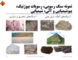 ‫ﺑﻴﻮژﻧﻴﻚ‬ ‫رﺳﻮﺑﺎت‬ ،‫رﺳﻮﺑﻲ‬ ‫ﺳﻨﮓ‬ ‫ﻧﻤﻮﻧﻪ‬،
‫ﺷﻴﻤﻴﺎﻳﻲ‬ ،‫آﻟﻲ‬ ‫و‬ ‫ﺑﻴﻮﺷﻴﻤﻴﺎﻳﻲ‬
‫ﺳﻨﮓ‬‫ﻧﻔﺘﻲ‬ ‫ﺷﻴﻞ‬ ،‫آﻫﻚ‬ ‫ﻫﺎي‬‫ﺳﻨﮓ‬‫ﺳﺎﻳﺮﻳﻦ‬ ‫و‬ ‫ﺗﺒﺨﻴﺮي‬ ‫ﻫﺎي‬
‫ﺑﻬﺎر‬94-‫ح‬.‫اﻋﻠﻤﻲ‬‫ﻧﻴﺎ‬‫ﺳﻨﮓ‬ ‫ﺧﻮاص‬ ‫آزﻣﺎﻳﺸﮕﺎه‬)‫ﺳﻮم‬ ‫وﻳﺮاﻳﺶ‬(45
 