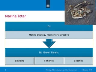Marine litter
3 5 October 2017Ministry of Infrastructure and the Environment
NL Green Deals:
Shipping Fisheries Beaches
EU
Marine Strategy Framework Directive
 
