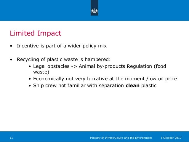Limited Impact
• Incentive is part of a wider policy mix
• Recycling of plastic waste is hampered:
• Legal obstacles -> An...