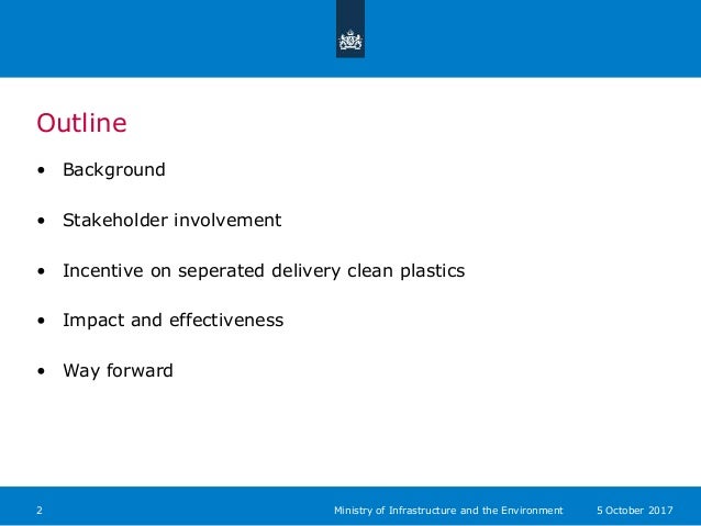 Outline
• Background
• Stakeholder involvement
• Incentive on seperated delivery clean plastics
• Impact and effectiveness...