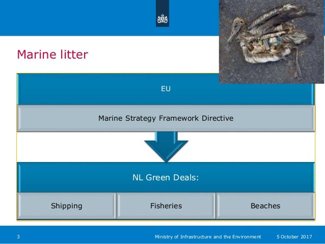 Marine litter
3 5 October 2017Ministry of Infrastructure and the Environment
NL Green Deals:
Shipping Fisheries Beaches
EU...