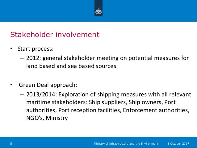 Stakeholder involvement
• Start process:
– 2012: general stakeholder meeting on potential measures for
land based and sea ...