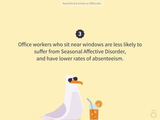 Oﬀice workers who sit near windows are less likely to
suﬀer from Seasonal Aﬀective Disorder,
and have lower rates of absenteeism.
 
