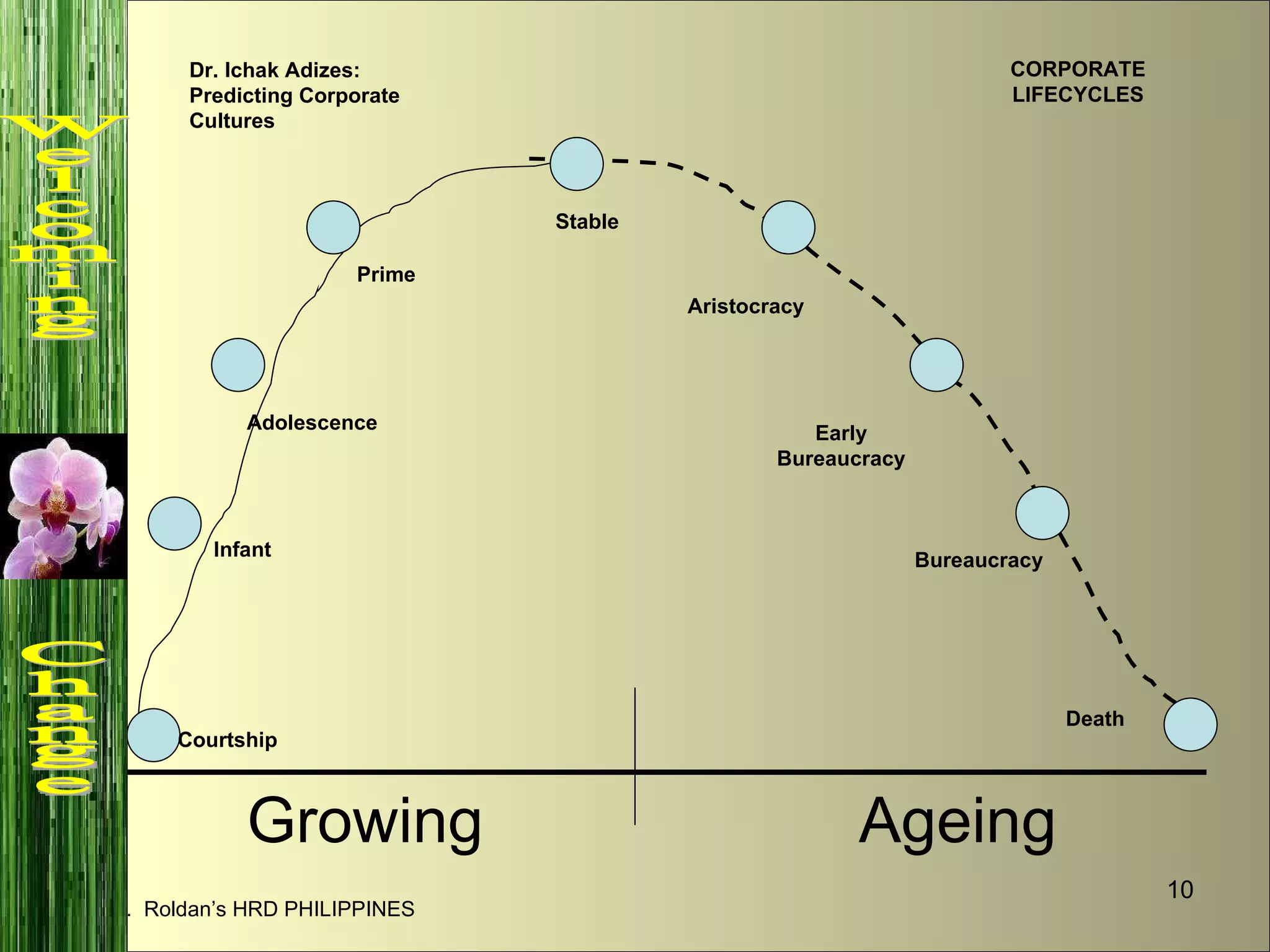 Growing Ageing CORPORATE LIFECYCLES Dr. Ichak Adizes:  Predicting Corporate Cultures Ref.  Roldan’s HRD PHILIPPINES Courtship Infant Adolescence Prime Stable Aristocracy Early Bureaucracy Bureaucracy Death Welcoming  Change 