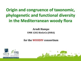 Origin and congruence of taxonomic,
phylogenetic and functional diversity
in the Mediterranean woody flora
Arndt Hampe
UMR 1202 BioGeCo (INRA)
for the WOODIV consortium
 