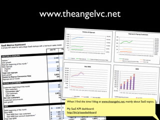 www.theangelvc.net
When I ﬁnd the time I blog at www.theangelvc.net, mainly about SaaS topics.
My SaaS KPI dashboard:
http://bit.ly/saasdashboard
 