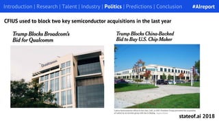 Introduction | Research | Talent | Industry | Politics | Predictions | Conclusion
CFIUS used to block two key semiconducto...