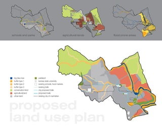 !
         !




                     !


              !             !




                            !

                                   !


schools and parks                                     agricultural lands   flood prone areas




 big blue river          parkland
 buffer type 1           kansas state university
 buffer type 2           existing schools, food markets
 buffer type 3           existing trails
 conservation land       city proposed trails
 agricultural land       proposed trails
 urban land              existing city of manhattan




proposed
land use plan
 