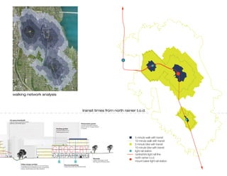 walking network analysis




300                   450                  600
                                                                                                                                transit times from north rainier t.o.d.

      Art space boardwalk
      main art space contianing studios,
      galleries, and exhibit spaces                                                                                           Photovoltaic panels
                                                                                                                              provides renewable energy to
                                                                                                                              powers electric charging station
                                                                                  Rooftop garden                              in carpark
                                                                                  provides produce to in-
                                                                                  building grocery store



                                                                                                                                                                                      5 minute walk with transit
                                                                                                                                                                                      10 minute walk with transit
                                                                                                                                                                                      5 minute bike with transit
                                                                                                                                                                                      10 minute bike with transit
                                                                                                                                                                                      light rail station
                                                                                                                                                                                      central link light rail line
                                                                                                                                                   Bioswale                           north rainier t.o.d.
                                                                                                                                                   collects stormwater runoff
                                                                                                                                                   filtering and infiltrating water   mount baker light rail station
                         Urban stream corridor                                                  Structured parking
                         increasing biodiversity, collect on-site stormwater
                                                                                                supporting residential and retail needs
                         runoff, filtering and infiltrating water, sequestering
                         carbon, and providing and urban aesthetic
 