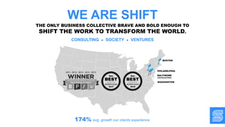 THE ONLY BUSINESS COLLECTIVE BRAVE AND BOLD ENOUGH TO
SHIFT THE WORK TO TRANSFORM THE WORLD.
CONSULTING ● SOCIETY ● VENTURES
174% avg. growth our clients experience
WE ARE SHIFT
 