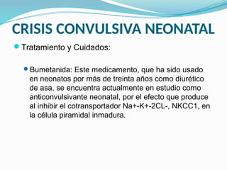 CRISIS CONVULSIVA NEONATAL
Tratamiento y Cuidados:
Bumetanida: Este medicamento, que ha sido usado
en neonatos por más de treinta años como diurético
de asa, se encuentra actualmente en estudio como
anticonvulsivante neonatal, por el efecto que produce
al inhibir el cotransportador Na+-K+-2CL-, NKCC1, en
la célula piramidal inmadura.
 