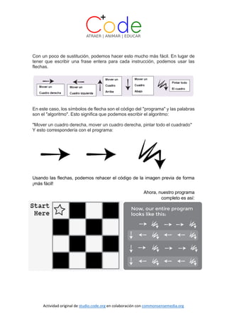 Actividad original de studio.code.org en colaboración con commonsensemedia.org
Con un poco de sustitución, podemos hacer esto mucho más fácil. En lugar de
tener que escribir una frase entera para cada instrucción, podemos usar las
flechas.
En este caso, los símbolos de flecha son el código del "programa" y las palabras
son el "algoritmo". Esto significa que podemos escribir el algoritmo:
"Mover un cuadro derecha, mover un cuadro derecha, pintar todo el cuadrado"
Y esto correspondería con el programa:
Usando las flechas, podemos rehacer el código de la imagen previa de forma
¡más fácil!
Ahora, nuestro programa
completo es así:
 