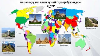 Аялал жуулчлалын хүний гараар бүтээгдсэн
үзмэр
Цагаан хэрэм
Таж МахалПирамид
Эйфелийн цамхаг
Аврагч Христ
Колизей
Макчу-Пикчу
 