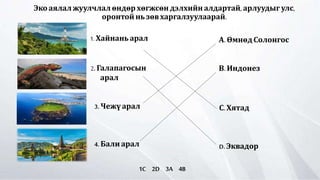 Эко аялал жуулчлал өндөрхөгжсөн дэлхийн алдартай, арлуудыг улс,
оронтой нь зөвхаргалзуулаарай.
1C 2D 3A 4B
1. Хайнань арал
2. Галапагосын
арал
3. Чежү арал
4. Бали арал
А. Өмнөд Солонгос
В. Индонез
С.Хятад
D. Эквадор
 