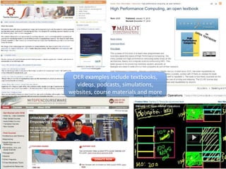 OER examples include textbooks,
videos, podcasts, simulations,
websites, course materials and more
 