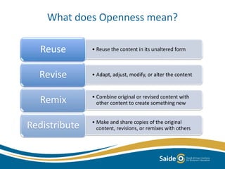 What does Openness mean?
• Reuse the content in its unaltered formReuse
• Adapt, adjust, modify, or alter the contentRevise
• Combine original or revised content with
other content to create something newRemix
• Make and share copies of the original
content, revisions, or remixes with othersRedistribute
 