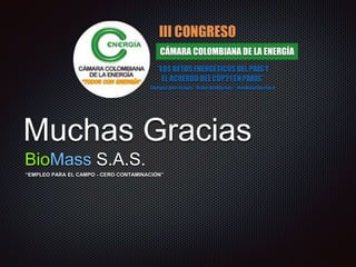 Muchas Gracias
BioMass S.A.S.
“EMPLEO PARA EL CAMPO - CERO CONTAMINACIÓN”
III CONGRESO
CÁMARA COLOMBIANA DE LA ENERGÍA
“LOS RETOS ENERGÉTICOS DEL PAÍS Y
EL ACUERDO DEL COP21 EN PARÍS”
Energías Alternativas - Redes Inteligentes - Movilidad Eléctrica
 