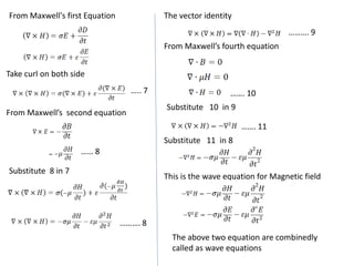 From Maxwell's first Equation
Take curl on both side
From Maxwell’s second equation
….. 7
…… 8
Substitute 8 in 7
The vector identity
From Maxwell’s fourth equation
………. 8
………. 9
Substitute 10 in 9
Substitute 11 in 8
……. 10
……. 11
This is the wave equation for Magnetic field
The above two equation are combinedly
called as wave equations
 