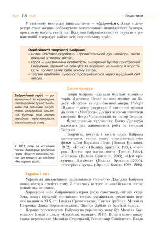 118 Романтизм
У світовому мистецтві виникла течія — «байронізм». Адже в літе-
ратурі стало модним зображувати розчарованого індивідуаліста-бунтаря,
пристрасну натуру, скептика. Відлуння байронівських тем звучало в ро-
мантичній літературі майже всіх європейських країн.
Особливості творчості Байрона:
мотив «світової скорботи» і прометеївський дух непокори, часто
поєднані у творах митця;
герой — надзвичайна особистість, зневірений бунтар, пристрасний
і вольовий, здатний на співчуття та водночас на зневагу й жорсто-
кість; протиставляє себе всьому світові;
трагічні проблеми сучасності розкриваються через внутрішній світ
автора.
Діалог культур
Твори Байрона надихали багатьох компози-
торів. Джузеппе Верді написав музику до ба-
лету «Корсар» та однойменної опери. Роберт
Шуман — автор увертюри й сценічної музики
до поеми «Манфред». До цієї ж поеми написали
симфонії Петро Чайковський та Гектор Берліоз.
Французькому художнику Ежену Делакруа
належить ряд живописних робіт за творами
Байрона.
Творчість, постать і життя лорда Байрона
привертають також увагу кінематографістів:
фільм «Леді Кароліна Лем» (Велика Британія,
1972), «Готика» (Велика Британія, 1986), «Бай-
рон. Притча про одержимого» (Греція, 1992),
«Байрон» (Велика Британія, 2003), «Цей кра-
сунчик Браммел» (Велика Британія, 2006),
телесеріал «Горець» (Франція-Канада, 1992–1998).
Україна і світ
Українські письменники зацікавилися творчістю Джорджа Байрона
понад півтора століття тому. З того часу інтерес до англійського поета-
романтика не згасає.
Характерні риси байронічного героя (поза самотності, світова скор-
бота, пошук гармонії) притаманні творам українських романтиків пер-
шої половини ХІХ ст.: Ізмаїла Срезневського, Євгена Гребінки, Михайла
Петренка, Левка Боровиковського, Віктора Забіли та багатьох інших.
Першим перекладачем Байрона на українську мову був Микола Кос-
томаров (поезії з циклу «Єврейські мелодії», 1841). Вірші з цього циклу
також перекладали Михайло Старицький, Володимир Самійленко, Павло
Байронічний герой  — ро-
мантичний за характером,
із благородною душею і глибо-
кими та сильними почут-
тями, волелюбний, самот-
ній, бунтар, який гостро
сприймає недосконалість
навколишнього світу.
У 2011 році за мотивами
поеми «Манфред» російська
група «Віконт» написала піс-
ню, що входить до альбому
«Не корися долі!».
 