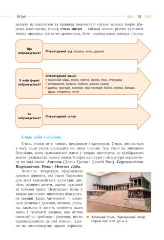 13Вступ
авторів на мистецтво та правила творчості й спільні ознаки творів (ба-
роко, класицизму тощо); стиль митця — спільні ознаки різних художніх
творів прозаїка, поета чи драматурга, його індивідуальна манера письма.
Літературний жанр:
ліричний вірш, пісня, елегія, ідилія, гімн, епіграма;
оповідання, новела, повість, роман, казка;
драма, трагедія, комедія, трагікомедія; байка, поема, балада,
дума, історична пісня
У якій формі
зображується?
Літературний стиль
Як
зображується?
Літературний рід (лірика, епос, драма)
Що
зображується?
Стиль доби і напряму
Стиль епохи не є чимось незмінним і застиглим. Стиль змінюється
в часі, один стиль приходить на зміну іншому. Але стилі не зникають
безслідно, вони залишаються жити у творах мистецтва, де відображено
життя суспільства певної епохи. Історія культури і літератури поділяєть-
ся на такі епохи: Антична (Давня Греція і Давній Рим), Середньовіччя,
Відродження, Нова і Новітня Доба.
Антична література сформувала
духовні цінності, які стали базовими
для всієї європейської культури: цін-
ність земного життя, щастя, духовної
та тілесної краси. Центральне місце у
творах античного мистецтва відводить-
ся людині. Ідеал Античності — доско-
нала фізично і духовно, активна, діяль-
на, закохана в життя, сповнена жаги
знань і творчості людина, яка готова
самостійно приймати рішення, нести
відповідальність за свої вчинки, здат-
на на самопожертву заради держави.
Античний стиль. Пергамський олтар.
Перша пол. II ст. до н. е.
 