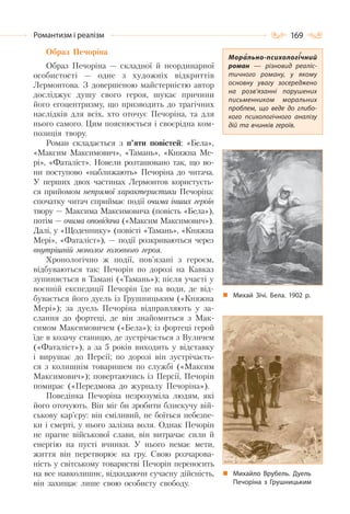 169Романтизм і реалізм
Образ Печоріна
Образ Печоріна — складної й неординарної
особистості — одне з художніх відкриттів
Лермонтова. З довершеною майстерністю автор
досліджує душу свого героя, шукає причини
його егоцентризму, що призводить до трагічних
наслідків для всіх, хто оточує Печоріна, та для
нього самого. Цим пояснюється і своєрідна ком-
позиція твору.
Роман складається з п’яти повістей: «Бела»,
«Максим Максимович», «Тамань», «Княжна Ме-
рі», «Фаталіст». Новели розташовано так, що во-
ни поступово «наближають» Печоріна до читача.
У перших двох частинах Лермонтов користуєть-
ся прийомом непрямої характеристики Печоріна:
спочатку читач сприймає події очима інших героїв
твору — Максима Максимовича (повість «Бела»),
потім — очима оповідача («Максим Максимович»).
Далі, у «Щоденнику» (повісті «Тамань», «Княжна
Мері», «Фаталіст»), — події розкриваються через
внутрішній монолог головного героя.
Хронологічно ж події, пов’язані з героєм,
відбуваються так: Печорін по дорозі на Кавказ
зупиняється в Тамані («Тамань»); після участі у
воєнній експедиції Печорін їде на води, де від-
бувається його дуель із Грушницьким («Княжна
Мері»); за дуель Печоріна відправляють у за-
слання до фортеці, де він знайомиться з Мак-
симом Максимовичем («Бела»); із фортеці герой
їде в козачу станицю, де зустрічається з Вуличем
(«Фаталіст»), а за 5 років виходить у відставку
і вирушає до Персії; по дорозі він зустрічаєть-
ся з колишнім товаришем по службі («Максим
Максимович»); повертаючись із Персії, Печорін
помирає («Передмова до журналу Печоріна»).
Поведінка Печоріна незрозуміла людям, які
його оточують. Він міг би зробити блискучу вій-
ськову кар’єру: він сміливий, не боїться небезпе-
ки і смерті, у нього залізна воля. Однак Печорін
не прагне військової слави, він витрачає сили й
енергію на пусті вчинки. У нього немає мети,
життя він перетворює на гру. Свою розчарова-
ність у світському товаристві Печорін переносить
на все навколишнє, відкидаючи сучасну дійсність,
він захищає лише свою особисту свободу.
Морально-психологічний
роман — різновид реаліс-
тичного роману, у якому
основну увагу зосереджено
на розв’язанні порушених
письменником моральних
проблем, що веде до глибо-
кого психологічного аналізу
дій та вчинків героїв.
Михай Зічі. Бела. 1902 р.
Михайло Врубель. Дуель
Печоріна з Грушницьким
 