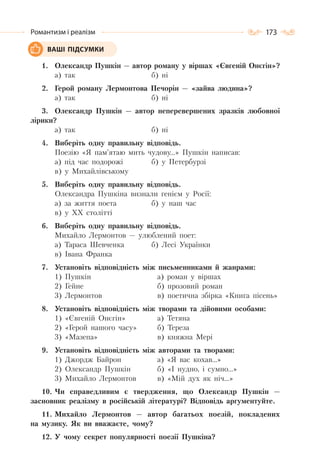 173Романтизм і реалізм
1. Олександр Пушкін — автор роману у віршах «Євгеній Онєгін»?
а) так б) ні
2. Герой роману Лермонтова Печорін — «зайва людина»?
а) так б) ні
3. Олександр Пушкін — автор неперевершених зразків любовної
лірики?
а) так б) ні
4. Виберіть одну правильну відповідь.
Поезію «Я пам’ятаю мить чудову…» Пушкін написав:
а) під час подорожі б) у Петербурзі
в) у Михайлівському
5. Виберіть одну правильну відповідь.
Олександра Пушкіна визнали генієм у Росії:
а) за життя поета б) у наш час
в) у ХХ столітті
6. Виберіть одну правильну відповідь.
Михайло Лермонтов — улюблений поет:
а) Тараса Шевченка б) Лесі Українки
в) Івана Франка
7. Установіть відповідність між письменниками й жанрами:
1) Пушкін
2) Гейне
3) Лермонтов
а) роман у віршах
б) прозовий роман
в) поетична збірка «Книга пісень»
8. Установіть відповідність між творами та дійовими особами:
1) «Євгеній Онєгін»
2) «Герой нашого часу»
3) «Мазепа»
а) Тетяна
б) Тереза
в) княжна Мері
9. Установіть відповідність між авторами та творами:
1) Джордж Байрон
2) Олександр Пушкін
3) Михайло Лермонтов
а) «Я вас кохав…»
б) «І нудно, і сумно…»
в) «Мій дух як ніч…»
10. Чи справедливим є твердження, що Олександр Пушкін —
засновник реалізму в російській літературі? Відповідь аргументуйте.
11. Михайло Лермонтов — автор багатьох поезій, покладених
на музику. Як ви вважаєте, чому?
12. У чому секрет популярності поезії Пушкіна?
ВАШІ ПІДСУМКИ
 