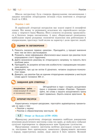 182 Реалізм
Школа натуралізму була створена французькими письменниками і
завдяки потужним літературним зв’язкам стала помітною в літературі
Італії та США.
Україна і світ
В українській літературі натуралізм має власні корені й специфічні
ознаки. Він виник та розвивався незалежно від європейського натура-
лізму у творчості Івана Франка. Його елементи по-різному проявляють-
ся в багатьох творах письменника. А цикл «Бориславські оповідання»
найбільшою мірою розкриває економічні відносини між робітниками й
підприємцями, простежує їхній вплив на характер і долю простих людей.
1. Поясніть значення терміна «реалізм». Пригадайте, у процесі вивчення
яких тем ви його застосовували.
2. Розкажіть, якою інформацією збагатилися ваші знання про реалізм після
опрацювання статті підручника.
3. Дайте визначення реалізму як літературного напрямку та поясніть його
особливі риси.
4. Пригадайте, як розуміли зв’язки між особистістю і середовищем письмен-
ники-реалісти.
5. Поміркуйте, про що ви хотіли б дізнатися, читаючи соціально-психоло-
гічні твори.
6. Доведіть, що реалізм був не єдиним літературним напрямом у мистецтві
слова другої половини ХІХ ст.
Об’єднайтеся в пари і складіть асоціативне
ґроно з опорним словом «Реалізм». Проаналі-
зуйте, які слова з вашого асоціативного ґрона
вжиті правильно. Оцініть власне зростання.
Користуючись інтернет-ресурсами, підготуйте аудіовізуальну презента-
цію на одну з тем:
Реалізм у музиці.
Реалізм в образотворчому мистецтві.
4.2 Оноре де Бальзак (1799–1850)
Французьку реалістичну літературу вважають найбільш довершеним
втіленням реалістичного мистецтва слова тих країн, де відбулися глобальні
суспільні перетворення та сформувалося нове буржуазне суспільство.
Представники «нового» мистецтва всебічно розглядали сучасне жит-
тя, послідовно його критикували, намагалися сформулювати висновки
і поради, користуючись якими, люди змогли б його змінити. Великий
ОЦІНКИ ТА ОБГОВОРЕННЯ
Асоціативне ґроно  —
слова-асоціації до опорно-
го (основного) слова.
ЗАВДАННЯ ДЛЯ СПІВПРАЦІ
ІНТЕРНЕТ-РЕСУРСИ
 
