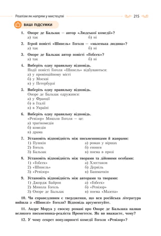 215Реалізм як напрям у мистецтві
1. Оноре де Бальзак — автор «Людської комедії»?
а) так б) ні
2. Герой повісті «Шинель» Гоголя — «маленька людина»?
а) так б) ні
3. Оноре де Бальзак автор повісті «Гобсек»?
а) так б) ні
4. Виберіть одну правильну відповідь.
Події повісті Гоголя «Шинель» відбуваються:
а) у провінційному місті
б) у Москві
в) у Петербурзі
5. Виберіть одну правильну відповідь.
Оноре де Бальзак одружився:
а) у Франції
б) в Італії
в) в Україні
6. Виберіть одну правильну відповідь.
«Ревізор» Миколи Гоголя — це:
а) трагікомедія
б) комедія
в) драма
7. Установіть відповідність між письменниками й жанрами:
1) Пушкін
2) Гоголь
3) Бальзак
а) роман у віршах
б) епопея
в) поема в прозі
8. Установіть відповідність між творами та дійовими особами:
1) «Гобсек»
2) «Шинель»
3) «Ревізор»
а) Хлестаков
б) Дервіль
в) Башмачкін
9. Установіть відповідність між авторами та творами:
1) Джордж Байрон
2) Микола Гоголь
3) Оноре де Бальзак
а) «Гобсек»
б) «Ревізор»
в) поема «Мазепа»
10. Чи справедливим є твердження, що вся російська література
вийшла з «Шинелі» Гоголя? Відповідь аргументуйте.
11. Андре Моруа у своєму романі про Оноре де Бальзака назвав
великого письменника-реаліста Прометеєм. Як ви вважаєте, чому?
12. У чому секрет популярності комедії Гоголя «Ревізор»?
ВАШІ ПІДСУМКИ
 