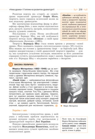 219«Нова драма» і її вплив на розвиток драматургії
Розпочав перехід від «старої» до «нової»
драми норвезький драматург Генрік Ібсен,
творчість якого справила величезний вплив на
всю подальшу драматургію.
Він започаткував психологічну драму та філо-
софську «драму ідей», у яких значно підсилюється
роль дискусії, підтексту, настроїв, психологічного
аналізу художніх символів.
Послідовник і учень Ібсена англійський
драматург Бернард Шоу дав цій особливості
творчого методу назву «ібсенізм» у своїй праці
«Квінтесенція ібсенізму» (1891).
Творчість Бернарда Шоу стала новим кроком у розвитку «нової
драми». Його називають творцем «інтелектуального театру» ХХ століття.
Шоу вважав, що головне у драматичному творі — це боротьба ідей. Шоу
широко використовував у своїй драматичній творчості парадокс — дум-
ку, яка суперечить усталеним поглядам, виявляючи за його допомогою
справжню сутність загальноприйнятих норм і законів. Характерною озна-
кою п’єс Бернарда Шоу є поєднання парадокса з дискусією.
Моріса Метерлінка (1862–1949) ще за жит-
тя називали «бельгійським Шекспіром». Він став
теоретиком і практиком нового театру. На перший
план у драмах Метерлінка виходять символи, під-
текст, настрої, ідеї.
«Синій птах» — найзнаменитіша філософська
п’єса-казка Метерлінка. Це алегоричний і симво-
лічний твір про сенс буття і всемогутність люди-
ни. Дійові особи у п’єсі одягнені в костюми пер-
сонажів народних казок. Подорожуючи в пошуках
синього птаха, хлопчик Тіль-Тіль і дівчинка Мітіль
потрапляють до чарівних країн. Дерева, тварини,
речі тут наділені рисами людської вдачі. У п’єсі
присутній також властивий казці колорит: радісний
настрій, веселий, добрий гумор, оптимізм. Синій
птах — це символ щастя, багатоликий, багато-
значний, відкритий для численних тлумачень.
Україна і світ
Інтелектуальна і психологічна драма, у якій
увага з побутових проблем переноситься на
духовні шукання героїв, стає центральною у
драматургічній творчості Лесі Українки.
Пошуки європейських драматургів вплинули
на творчість Володимира Винниченка, який на-
магався осмислити сучасні проблеми засобами
психологічної драми.
«Ібсенізм» — це особливість
художнього методу, що по-
лягає у розкритті трагізму
життя через психологічні
колізії, поєднання зовнішньої
та внутрішньої дії, в інте-
лектуально-аналітичному
підході до подій та образів,
філософському осягненні дійс-
ності, широкому викорис-
танні символіки і підтексту.
Моріс Метерлінк
ВИСОКА ПОЛИЧКА
Після того, як п’єса-феєрія
Моріса Метерлінка побачила
світло рампи, слова «пошуки
Синього птаха» стали всім
зрозумілими  — це пошуки
щастя, істини й добра.
 