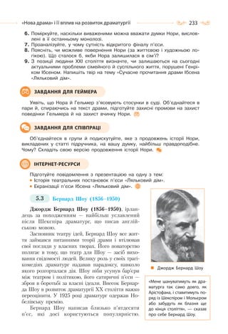 233«Нова драма» і її вплив на розвиток драматургії
6. Поміркуйте, наскільки виваженими можна вважати думки Нори, вислов-
лені в її останньому монолозі.
7. Проаналізуйте, у чому сутність відкритого фіналу п’єси.
8. Поясніть, чи можливе повернення Нори (за життєвою і художньою ло-
гікою). Що сталося б, якби Нора залишилася в сім’ї?
9. З позиції людини ХХІ століття визначте, чи залишаються на сьогодні
актуальними проблеми сімейного й суспільного життя, порушені Генрі-
ком Ібсеном. Напишіть твір на тему «Сучасне прочитання драми Ібсена
«Ляльковий дім».
Уявіть, що Нора й Гельмер з’ясовують стосунки в суді. Об’єднайтеся в
пари й, спираючись на текст драми, підготуйте захисні промови на захист
поведінки Гельмера й на захист вчинку Нори.
Об’єднайтеся в групи й подискутуйте, яке з продовжень історії Нори,
викладених у статті підручника, на вашу думку, найбільш правдоподібне.
Чому? Складіть свою версію продовження історії Нори.
Підготуйте повідомлення з презентацією на одну з тем:
Історія театральних постановок п’єси «Ляльковий дім».
Екранізації п’єси Ібсена «Ляльковий дім».
5.3 Бернард Шоу (1856–1950)
Джордж Бернард Шоу (1856–1950), ірлан-
дець за походженням — найбільш уславлений
після Шекспіра драматург, що писав англій-
ською мовою.
Засновник театру ідей, Бернард Шоу все жит-
тя займався питаннями теорії драми і втілював
свої погляди у власних творах. Його новаторство
полягає в тому, що театр для Шоу — засіб вихо-
вання свідомості людей. Велику роль у своїх трагі-
комедіях драматург надавав парадоксу, навколо
якого розгорталася дія. Шоу ніби усунув бар’єри
між театром і політикою, його сатиричні п’єси —
зброя в боротьбі за власні ідеали. Внесок Бернар-
да Шоу в розвиток драматургії ХХ століття важко
переоцінити. У 1925 році драматург одержав Но-
белівську премію.
Бернард Шоу написав близько п’ятдесяти
п’єс, які досі користуються популярністю.
ЗАВДАННЯ ДЛЯ ГЕЙМЕРА
ЗАВДАННЯ ДЛЯ СПІВПРАЦІ
ІНТЕРНЕТ-РЕСУРСИ
«Мене шануватимуть як дра-
матурга так само довго, як
Арістофана, і ставитимуть по-
ряд із Шекспіром і Мольєром
або забудуть як блазня ще
до кінця століття»,  — сказав
про себе Бернард Шоу.
Джордж Бернард Шоу
 