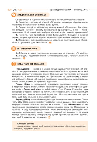 246 Драматургія кінця ХІХ — початку ХХ ст.
Об’єднайтеся в групи й виконайте одне із запропонованих завдань:
1. Знайдіть у першій дії комедії «Пігмаліон» приклади «фонетичного»
перекладу особливостей вимови Елізи Дулітл.
2. Схарактеризуйте міфологічну основу комедії «Пігмаліон». Дослідіть,
які складові «вічного» сюжету використано драматургом, а які — пере-
осмислено. Який новий зміст набуває відома історія і чим він зумовлений?
3. Поясніть, чим приваблює образ Елізи Дулітл. Виходячи з власної
оцінки, запропонуйте свій варіант подальшої долі головної героїні твору.
4. Поміркуйте, які з парадоксальних характерів і ситуацій п’єси «Пігма-
ліон» є сучасними для ХХІ століття.
1. Доберіть музичне оформлення для вистави за комедією «Пігмаліон».
2. Знайдіть і подивіться фільм «Моя прекрасна леді», напишіть на нього
рецензію.
«Нова драма» — складне й цікаве явище в драматургії межі ХІХ–ХХ сто-
літь. У центр уваги «нова драма» поставила особистість, духовне життя якої
визначає загальну атмосферу епохи. Зовнішня дія поступилася внутрішнім
конфліктам. З’явилися нові герої, які протистоять не одне одному, а воро-
жій дійсності. Драма набула рис соціальних, філософських, психологічних.
Фінал «нової драми», як правило, відкритий.
Генрік Ібсен — норвезький драматург, засновник «нової драми».
У творчості Ібсена беруть витоки психологічна драма та філософська «дра-
ма ідей». «Ляльковий дім» — найвідоміша п’єса Ібсена. Її героїня Нора
випадково з’ясовує: чоловік не любить її по-справжньому, а її затишний дім
насправді ніщо інше як ляльковий будиночок. Молода жінка повстає проти
того, щоб бути лялькою в ляльковому домі.
Бернард Шоу — англійський драматург ірландського походження. Твор-
чість Шоу стала новим кроком у розвитку «нової драми», його називають
творцем «інтелектуального театру» ХХ століття. П’єса «Пігмаліон» — за-
пропонована драматургом версія давньогрецького міфу про Пігмаліона та
Галатею. У Шоу професор фонетики Гіггінс, який виступає своєрідним Піг-
маліоном, укладає парі, що він проведе науковий експеримент — за кілька
місяців навчить вуличну квіткарку Елізу Дулітл правильної вимови і зробить
так, щоб її вважали за герцогиню.
Ключові слова:
«нова драма», драма ідей, психологічна драма, «ібсенізм», парадокс,
дискусія, відкритий фінал.
ЗАВДАННЯ ДЛЯ СПІВПРАЦІ
ІНТЕРНЕТ-РЕСУРСИ
ЗАВАНТАЖ ІНФОРМАЦІЮ
 