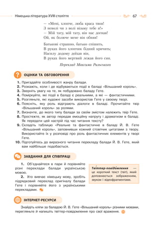 67Німецька література ХVІІІ століття
— «Мені, хлопче, люба краса твоя!
З неволі чи з волі візьму тебе я!»
— Мій тату, мій тату, він нас догнав!
Ой, як болюче мене він обняв!
Батькові страшно, батько спішить,
В руках його хлопчик бідний кричить;
Насилу додому доїхав він,
В руках його мертвий лежав його син.
Переклад Максима Рильського
1. Пригадайте особливості жанру балади.
2. Розкажіть, коли і де відбуваються події в баладі «Вільшаний король».
3. Зверніть увагу на те, як побудовано баладу Гете.
4. Поміркуйте, які події в баладі є реальними, а які — фантастичними.
5. Розгляньте, які художні засоби використав Гете у своєму творі.
6. Поясніть, яку роль відіграють діалоги в баладі. Прочитайте твір
«Вільшаний король» за ролями.
7. Визначте, до якого типу балади за своїм змістом належить твір Гете.
8. Простежте, як автор передав емоційну напругу і драматизм в баладі.
Як передати цей настрій під час читання тексту?
9. Складіть таблицю «Реальне та фантастичне в баладі Й. В. Гете
«Вільшаний король», заповнивши кожний стовпчик цитатами з твору.
Використайте їх у розповіді про роль фантастичних елементів у творі
Гете.
10. Підготуйтесь до виразного читання перекладу балади Й. В. Гете, який
вам найбільше подобається.
1. Об’єднайтеся в пари й порівняйте
різні переклади балади українською
мовою.
2. Хто вивчає німецьку мову, зробіть
підрядковий переклад оригіналу балади
Гете і порівняйте його з українськими
перекладами.
Знайдіть кліпи за баладою Й. В. Гете «Вільшаний король» різними мовами,
перегляньте й напишіть твіттер-повідомлення про свої враження.
ОЦІНКИ ТА ОБГОВОРЕННЯ
Твіттер-повідомлення  —
це короткий текст (твіт), який
доповнюється зображенням,
звуком і відеофрагментами.
ЗАВДАННЯ ДЛЯ СПІВПРАЦІ
ІНТЕРНЕТ-РЕСУРСИ
 