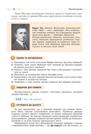 78 Просвітництво
Твори Шиллера неодноразово виходили друком в українських пере-
кладах, вистави за драмами Шиллера користуються незмінною популяр-
ністю у глядачів.
Борис Тен (Микола Васильович Хомичевський)
(1897–1983) — поет і перекладач. Його літератур-
ний псевдонім походить від стародавньої грецької
назви річки Дніпро — Борисфен (Бористен).
Володів українською, грецькою, латинською, поль-
ською, німецькою, французькою, російською і чесь-
кою мовами, перекладав на українську твори Го-
мера, Есхіла, Гете, Міцкевича, Шекспіра, Шиллера,
Пушкіна та багатьох інших поетів.
1. Пригадайте, ким хотів стати юний Фрідріх Шиллер. Що йому завадило?
2. Розкажіть, яким чином майбутній поет потрапив до Карлової академії.
Як минули роки його навчання?
3. Поясніть, чому Шиллер змушений був тікати з батьківщини й поневіря-
тися на чужині.
4. Простежте, як розвивалася творча біографія поета.
5. Проаналізуйте, яку роль відводив Шиллер мистецтву в житті кожної окре-
мої людини й суспільства загалом.
6. Поміркуйте, у чому полягає трагізм особистої долі Фрідріха Шиллера.
Використовуючи мережу Інтернет, підготуйте віртуальну екскурсію
місцями Шиллера.
1.4.2 Ода «До радості»
Як уже зазначалося, ще в Карловій академії під впливом викла-
дача Абеля Шиллер захоплювався філософією. Професор доводив
існування світової гармонії. Спираючись на вчення німецького філософа
і вченого Лейбніца, він прагнув прищепити своїм вихованцям оптимістичне
світосприймання, доводив існування світової гармонії, любові до ближнього,
наставляв їх на шлях пізнання навколишнього життя.
Найвиразніше вплив його філософської концепції виявився в одному
з найзнаменитіших творів Шиллера — оді «До радості» («An die Freude»).
ОЦІНКИ ТА ОБГОВОРЕННЯ
ЗАВДАННЯ ДЛЯ ГЕЙМЕРА
ГОТУЄМОСЯ ДО ДІАЛОГУ
 