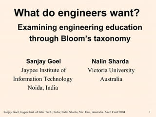 What do engineers want?   Sanjay Goel Jaypee Institute of Information Technology  Noida, India     Nalin Sharda  Victoria University Australia   Examining engineering education through Bloom’s taxonomy 