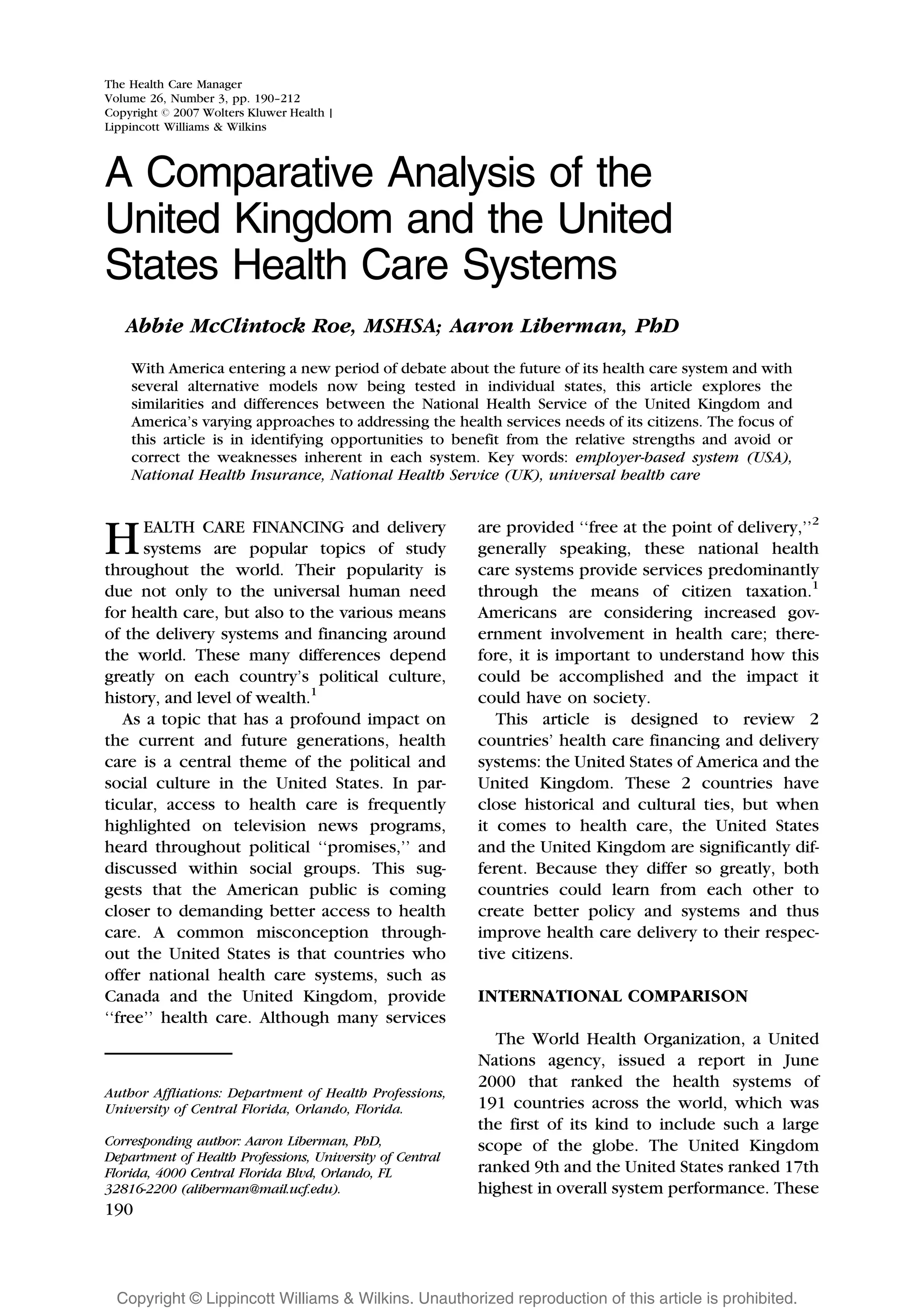 A Comparative Analysis Of The UK And US Health Care Systems | PDF