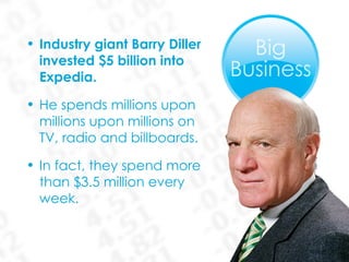 Industry giant Barry Diller  invested $5 billion into  Expedia. He spends millions upon  millions upon millions on  TV, radio and billboards.  In fact, they spend more  than $3.5 million every  week. 