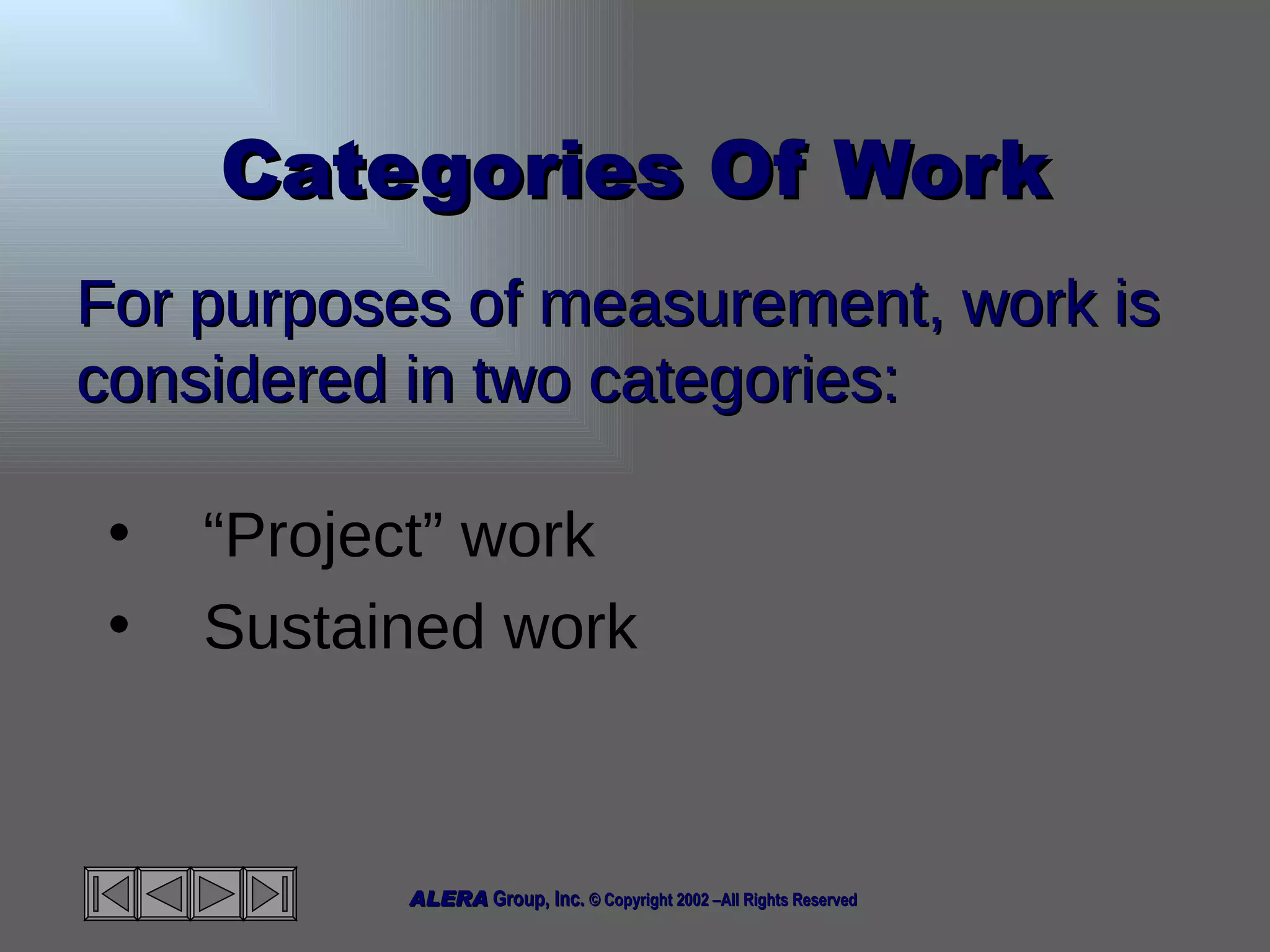 Categories Of Work “ Project” work Sustained work For purposes of measurement, work is considered in two categories: 