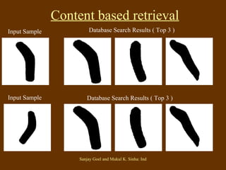 Content based retrieval Database Search Results ( Top 3 ) Database Search Results ( Top 3 ) Input Sample Input Sample 
