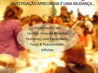 INVESTIGAÇÃO APRECIATIVA É UMA MUDANÇA...
Organizações são
Centros Vivos de Relações
Humanas, com Capacidade,
Força & Possibilidades
Infinitas
 