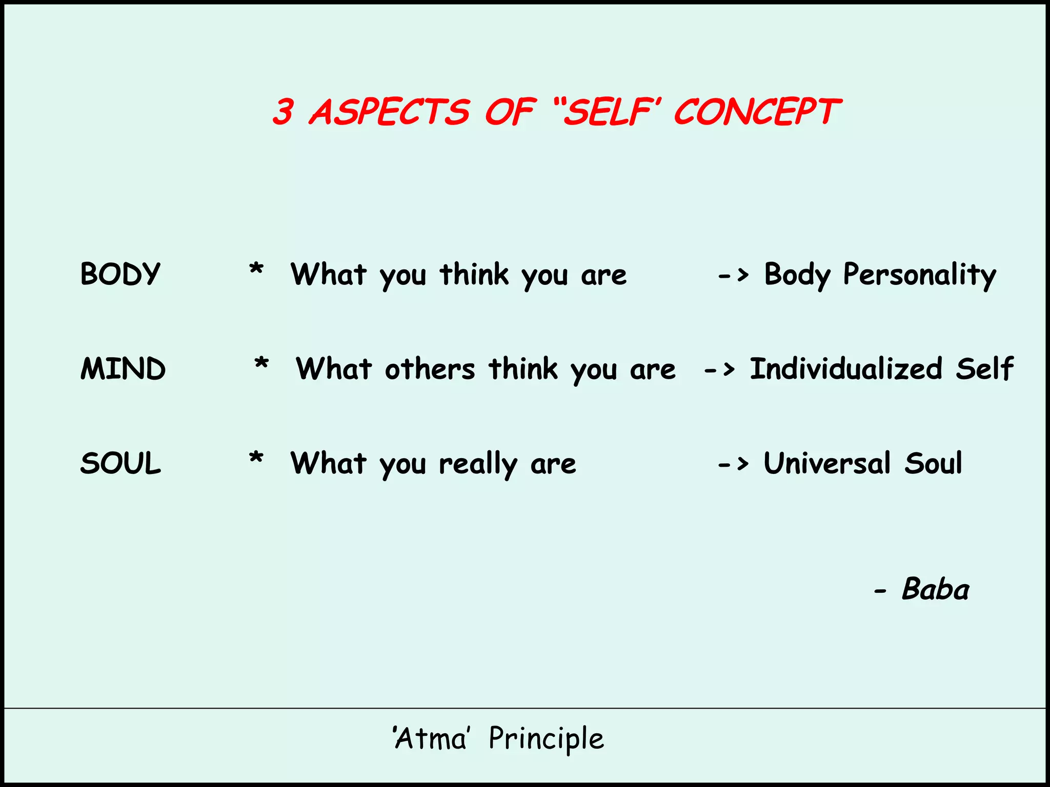 3 ASPECTS OF “SELF’ CONCEPT BODY  *  What you think you are  -> Body Personality MIND  *  What others think you are  -> Individualized Self SOUL  *  What you really are  -> Universal Soul    - Baba   ‘ Atma’  Principle 