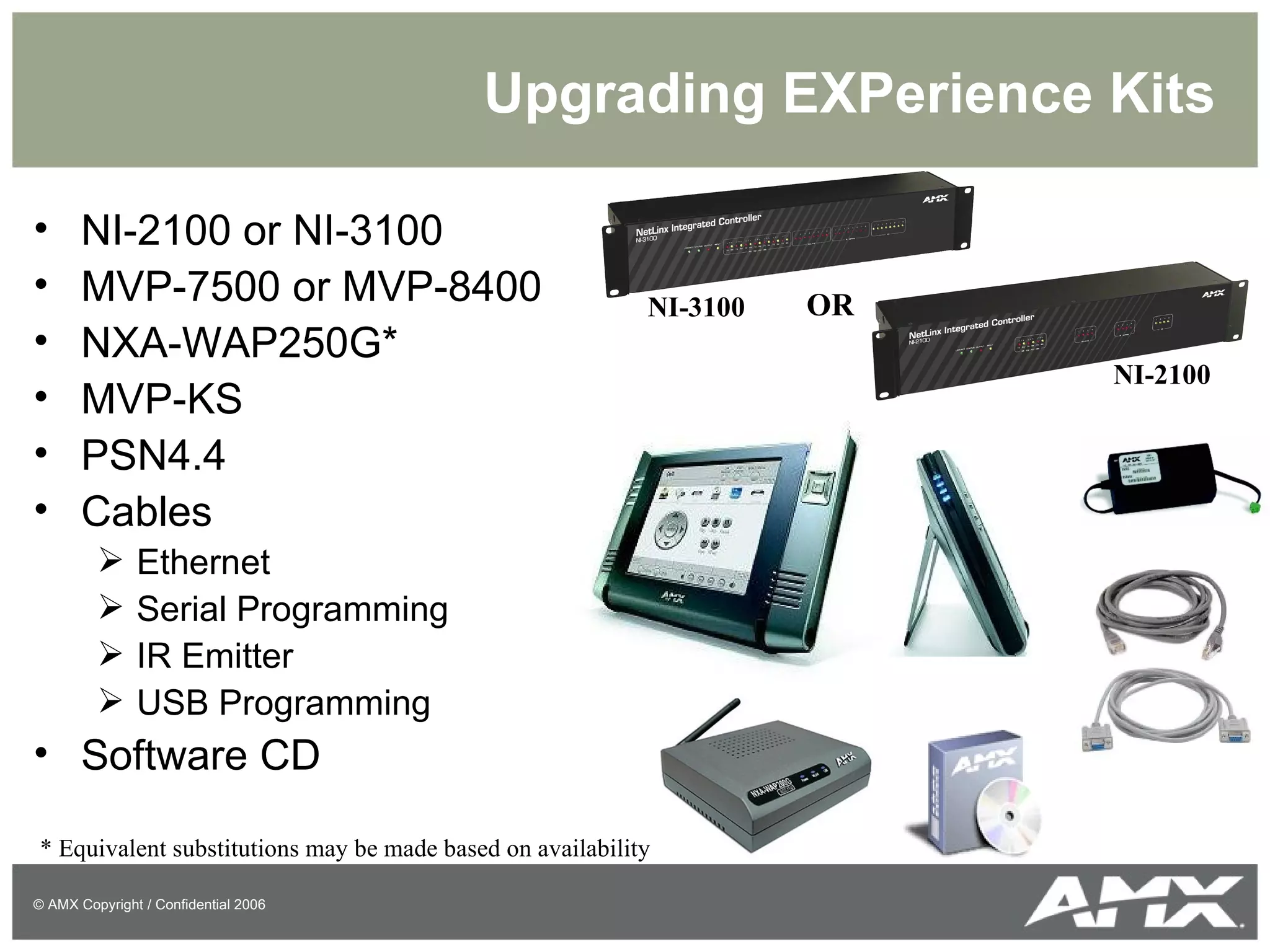 Upgrading EXPerience Kits  NI-2100 or NI-3100 MVP-7500 or MVP-8400 NXA-WAP250G* MVP-KS PSN4.4 Cables Ethernet Serial Programming IR Emitter USB Programming Software CD OR NI-3100 NI-2100 * Equivalent substitutions may be made based on availability 