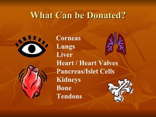 What Can be Donated? Corneas Lungs Liver Heart / Heart Valves Pancreas/Islet Cells Kidneys Bone Tendons 