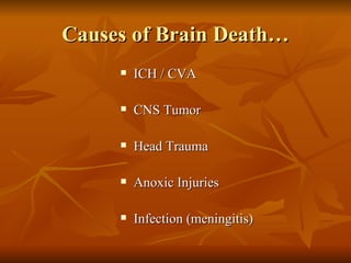 Causes of Brain Death… ICH / CVA CNS Tumor Head Trauma Anoxic Injuries Infection (meningitis) 