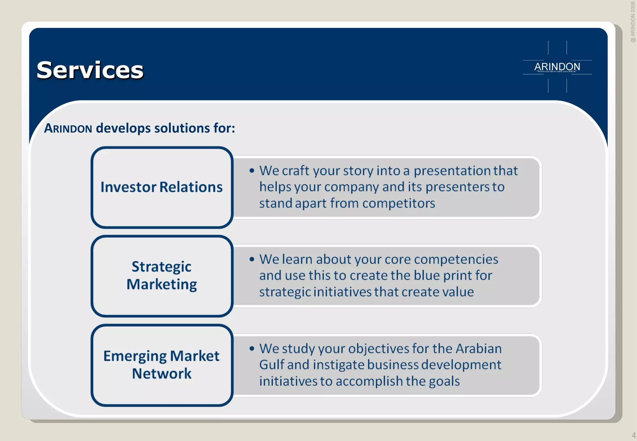 A RINDON  develops solutions for: Services 