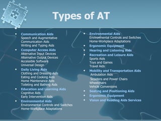 Types of AT Communication Aids   Speech and Augmentative Communication Aids Writing and Typing Aids Computer Access Aids   Alternative Input Devices Alternative Output Devices Accessible Software Universal Design Daily Living Aids   Clothing and Dressing Aids Eating and Cooking Aids Home Maintenance Aids Toileting and Bathing Aids Education and Learning Aids   Cognitive Aids Early Intervention Aids Environmental Aids   Environmental Controls and Switches Home-Workplace Adaptations Environmental Aids   Environmental Controls and Switches Home-Workplace Adaptations Ergonomic Equipment   Hearing and Listening Aids   Recreation and Leisure Aids   Sports Aids Toys and Games Travel Aids Mobility and Transportation Aids    Ambulation Aids     Scooters and Power Chairs Wheelchairs Vehicle Conversions Seating and Positioning Aids Ergonomic Equipment   Vision and Reading Aids Services 