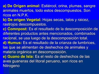 a) De Origen animal:  Estiércol, orina, plumas, sangre animales muertos, todo estos descompuestos. Son ricos en N.P.K. b) De origen Vegetal:  Hojas secas, talos y raicez, rastrojos descompuestos. c) Comnpost:  Es el resultado de la descomposición de diferentes productos antes mencionados, combinados racional, se usa luego de la descomposición total. d) Humus:  Es el resultado de la crianza de lumbrices, las que se alimentan de deshechos de animales y materia orgánica en descomposición. e) Guano de Isla:  Es el resto de deshechos de las aves guaneras del litoral peruano, son ricos en Nitrogeno  
