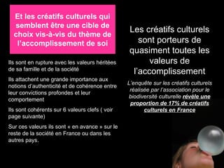 Et les créatifs culturels qui semblent être une cible de choix vis-à-vis du thème de l’accomplissement de soi Ils sont en rupture avec les valeurs héritées de sa famille et de la société Ils attachent une grande importance aux notions d’authenticité et de cohérence entre leur convictions profondes et leur comportement Ils sont cohérents sur 6 valeurs clefs ( voir page suivante) Sur ces valeurs ils sont « en avance » sur le reste de la société en France ou dans les autres pays.  Les créatifs culturels sont porteurs de quasiment toutes les valeurs de l’accomplissement L’enquête sur les créatifs culturels réalisée par l’association pour le biodiversité culturelle  révèle une proportion de 17% de créatifs culturels en France 